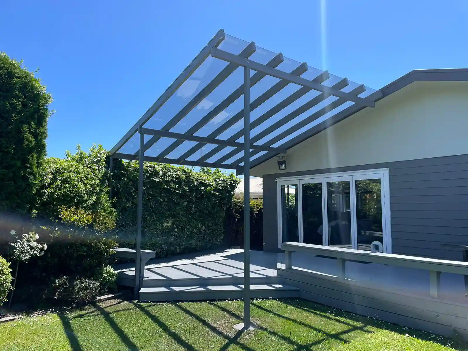 Custom Clearspan raked roof with minimal framing side view installed in Hawkes Bay